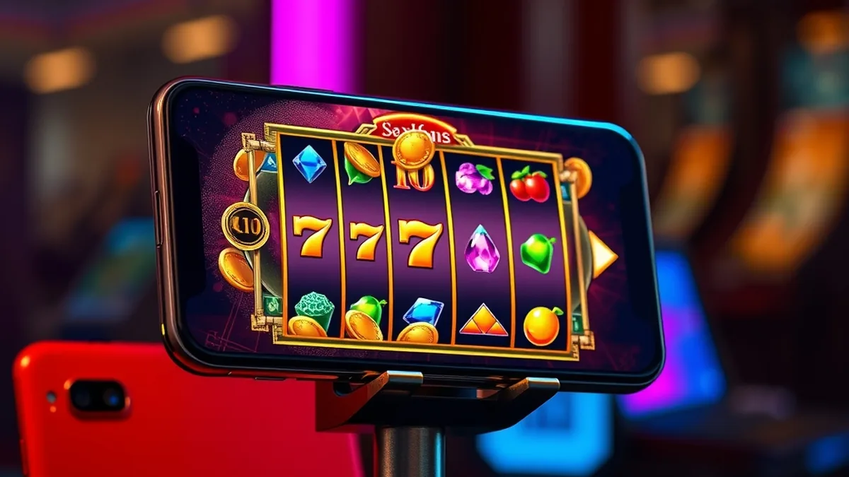 Smartphone showing slot reels with coins popping out for casino app play