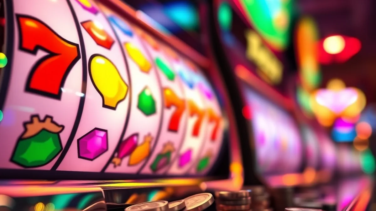 Slot machine reels with fruit and gem symbols and spilling gold coins