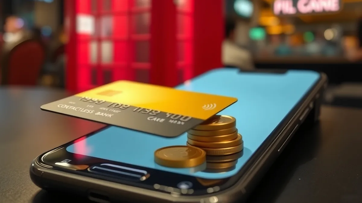 Smartphone, bank card and moving gold coins illustrating fast casino payouts