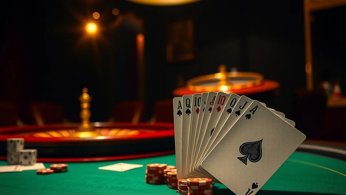 Blackjack cards, roulette wheel and chips on a green casino table