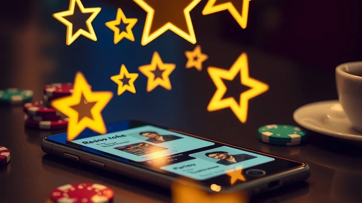 Smartphone with glowing rating stars and speech bubbles for casino reviews