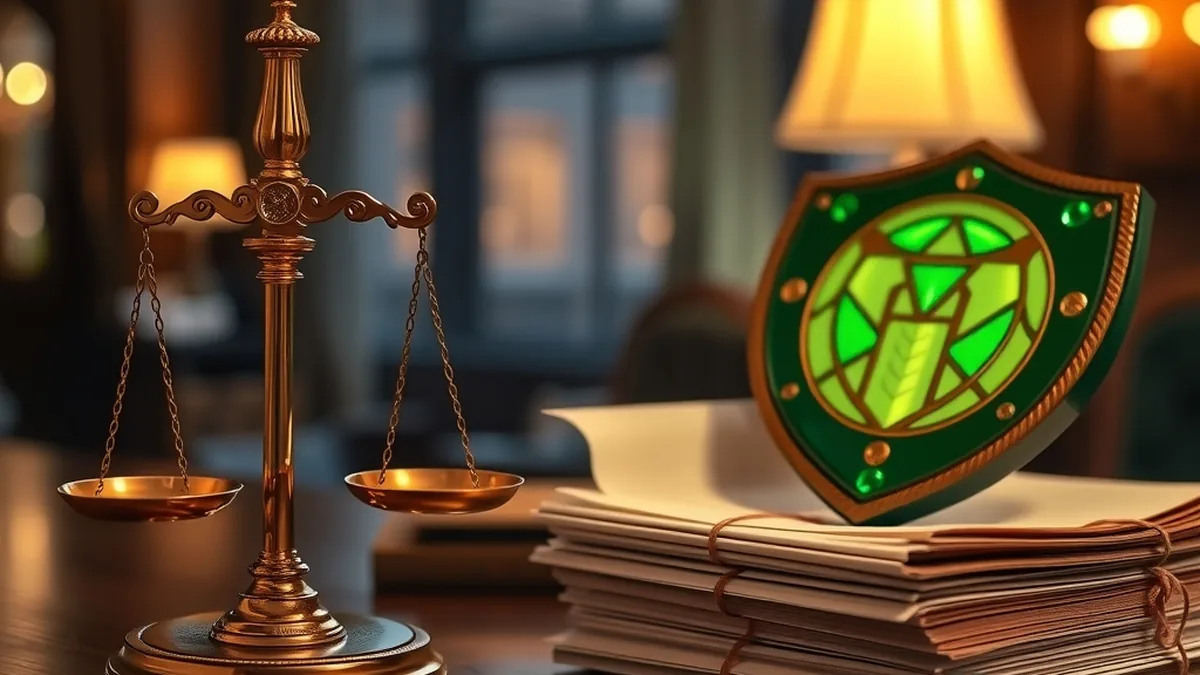 Scales, shield and documents representing casino licence and regulation checks