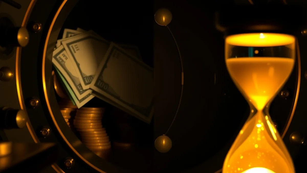 Gold coins leaving a vault beside an hourglass showing withdrawal time