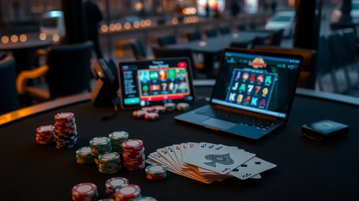 Fatbet casino review overview with chips, cards, dice and laptop lobby