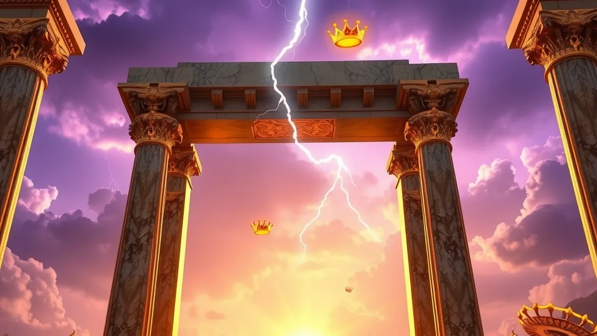 Marble temple gates with lightning and floating gems for Gates of Olympus